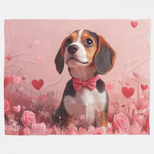 Beagle mit Rose - Valentinstag Fleecedecke (Vorderseite (Horizontal))