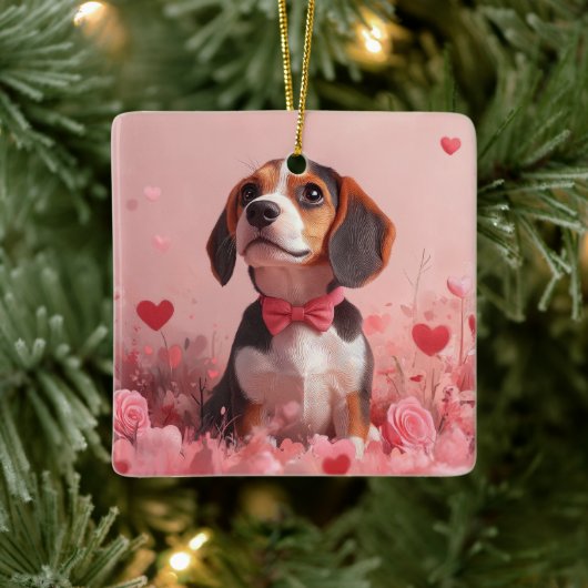 Beagle mit Rose - Valentinstag Keramikornament (Baum)