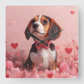 Beagle mit Rose - Valentinstag Quadratische Wanduhr (Vorderseite)