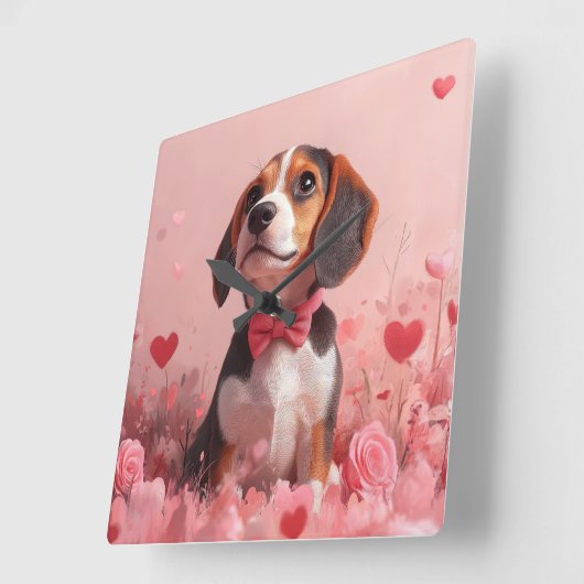 Beagle mit Rose - Valentinstag Quadratische Wanduhr (Winkel)