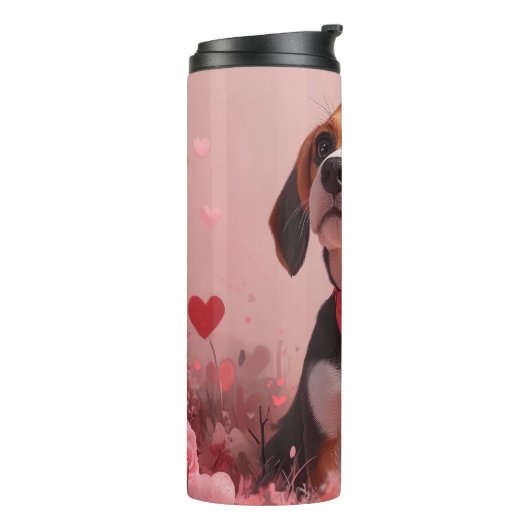 Beagle mit Rose - Valentinstag Thermosbecher (Nach links gedreht)