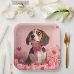 Beagle mit Rosen - Valentinstag Pappteller