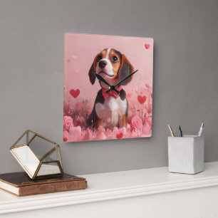 Beagle mit Rosen - Valentinstag Quadratische Wanduhr
