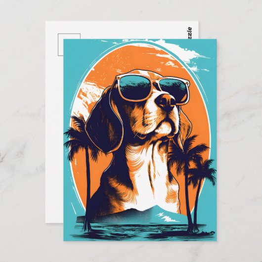 Beagle mit Sonnenbrille am Strand Postkarte (Vorne/Hinten)