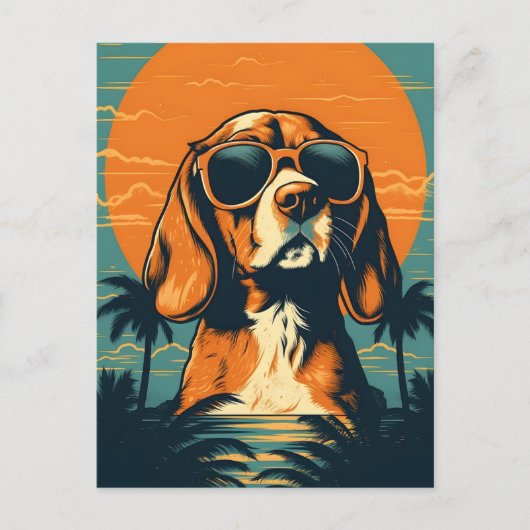 Beagle mit Sonnenbrille am Strand Postkarte (Vorderseite)
