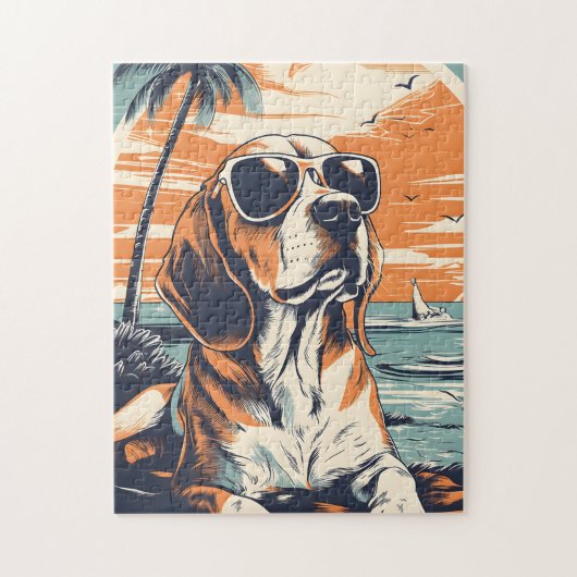 Beagle mit Sonnenbrille am Strand Puzzle (Vertikal)