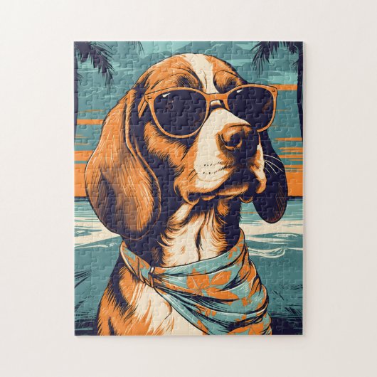 Beagle mit Sonnenbrille an einem tropischen Strand Puzzle (Vertikal)