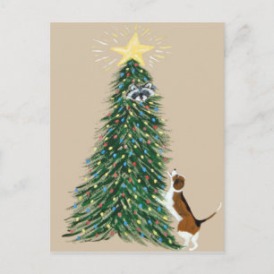 Beagle mit Waschbär im Baum Postkarte