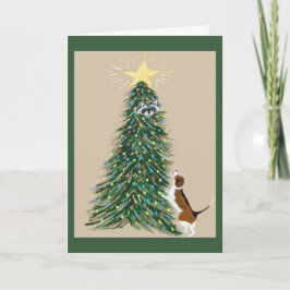 Beagle mit Waschbär im Weihnachtsbaum Karte