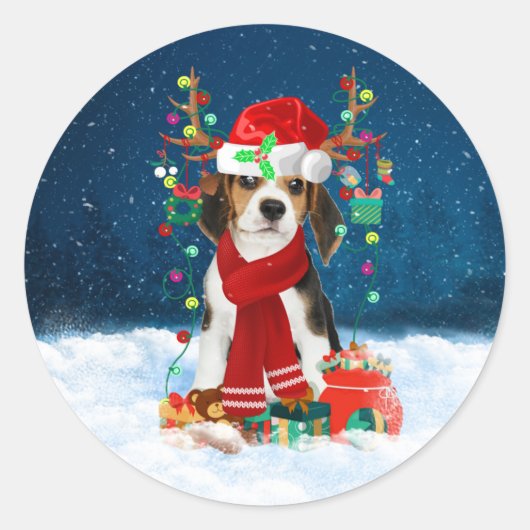 Beagle mit Weihnachtsgeschenke Runder Aufkleber (Vorderseite)