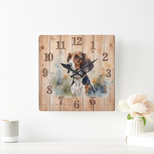 Beagle- oder Foxhound-Jagdhundin Quadratische Wanduhr (Zuhause)