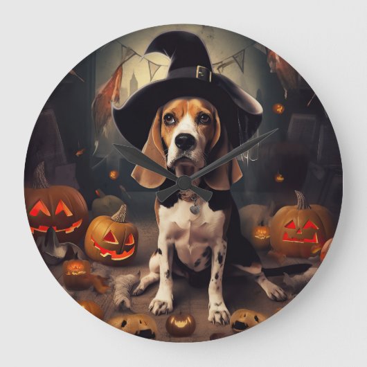 Beagle Pumpkins Halloween Beängstigend Große Wanduhr (Vorderseite)