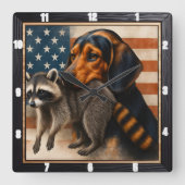 Beagle Raccoon Amerikanische Flagge Quadratische Wanduhr (Vorderseite)