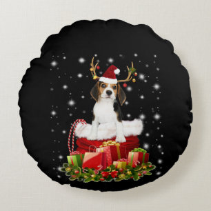 Beagle Reindeer präsentiert Weihnachtsgeschenk Rundes Kissen