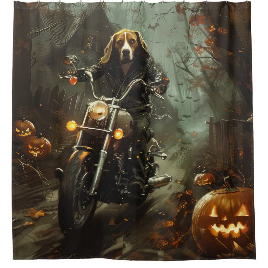Beagle Riding Motorrad Halloween Beängstigend Duschvorhang (Vorderseite)