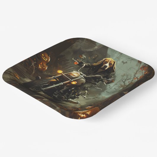 Beagle Riding Motorrad Halloween Beängstigend Pappteller (Gewinkelt)