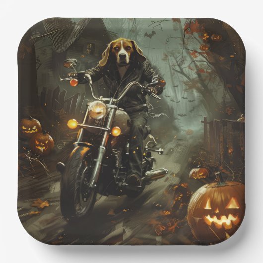 Beagle Riding Motorrad Halloween Beängstigend Pappteller (Vorderseite)