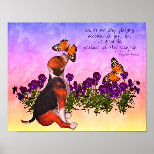 Beagle-Schmetterlinge Blume Inspirationszeitquote Poster (Vorne)
