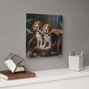 Beagle Schneeschlitten Weihnachtsdekoration  Quadratische Wanduhr