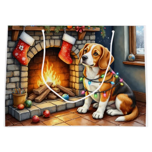 Beagle Sitting by Fireplace with Christmas Lights Große Geschenktüte (Vorderseite)