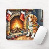Beagle Sitting by Fireplace with Christmas Lights Mousepad (Mit Mouse)