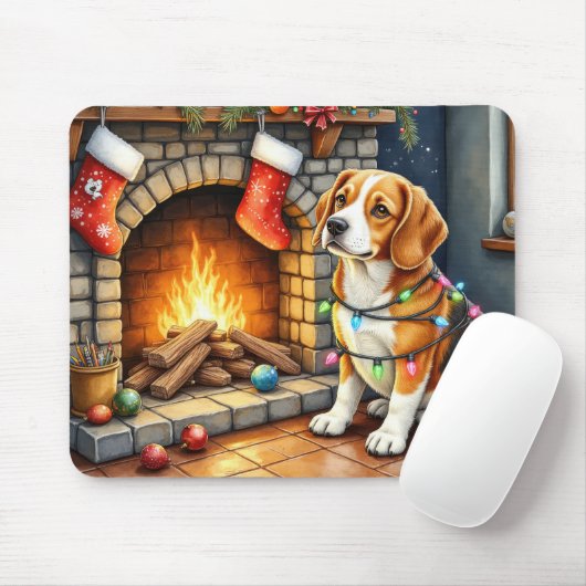 Beagle Sitting by Fireplace with Christmas Lights Mousepad (Mit Mouse)