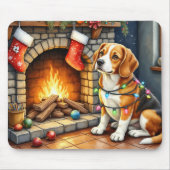 Beagle Sitting by Fireplace with Christmas Lights Mousepad (Vorne)