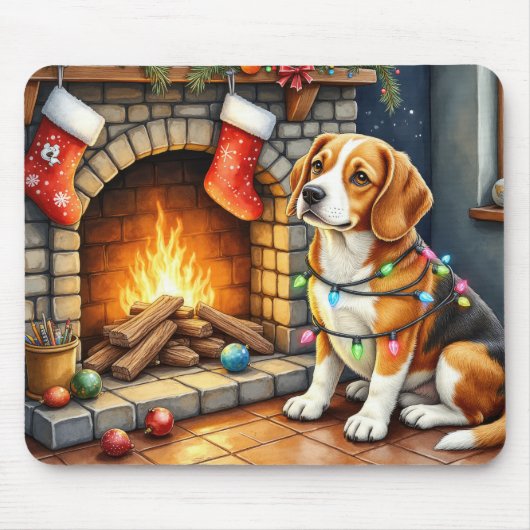 Beagle Sitting by Fireplace with Christmas Lights Mousepad (Vorne)
