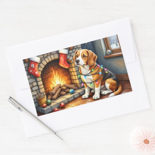 Beagle Sitting by Fireplace with Christmas Lights Rechteckiger Aufkleber (Umschlag)