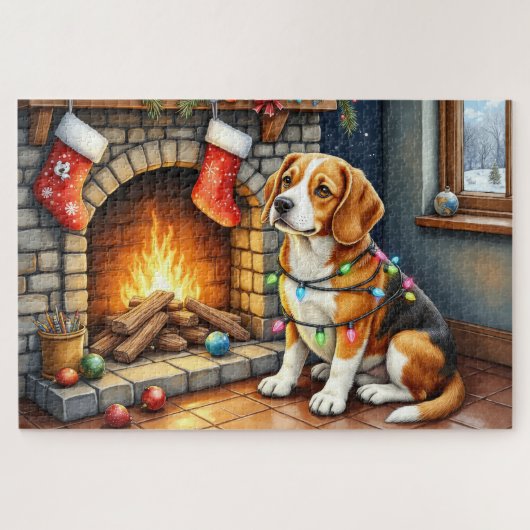 Beagle sitzt neben dem Kamin mit Weihnachtslichter Puzzle (Horizontal)