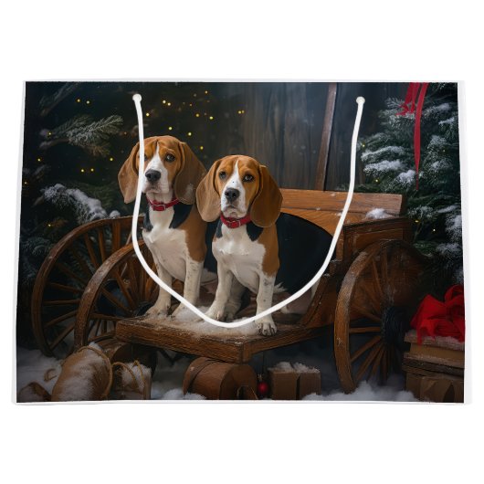 Beagle Snowy Sleigh Weihnachtsdekor Große Geschenktüte (Vorderseite)