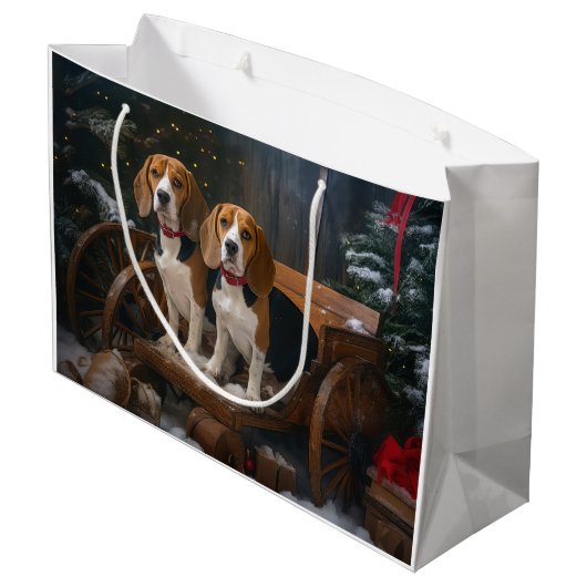 Beagle Snowy Sleigh Weihnachtsdekor Große Geschenktüte (Rückseite Schrägansicht)
