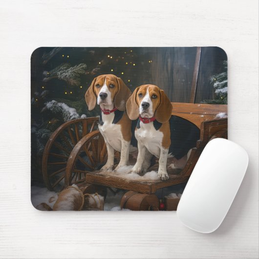 Beagle Snowy Sleigh Weihnachtsdekor Mousepad (Mit Mouse)