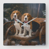 Beagle Snowy Sleigh Weihnachtsdekor Quadratische Wanduhr (Vorderseite)