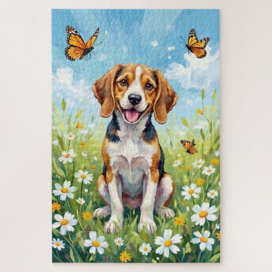 Beagle Spring Meadow Floral Dog Puzzle (Vertikal)