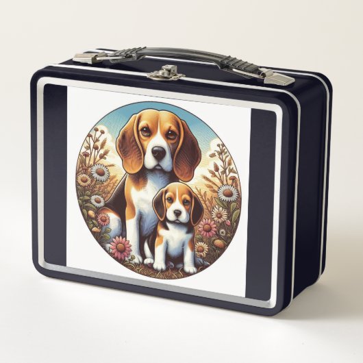 Beagle und Welpe, Metall Brotdose (Vorderseite)