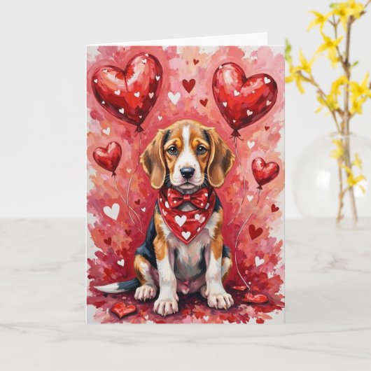 Beagle Valentinstag Hund mit Herzen Rot Karte (Gelbe Blume)