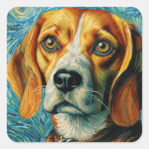 Beagle Van Gogh Stil Quadratischer Aufkleber