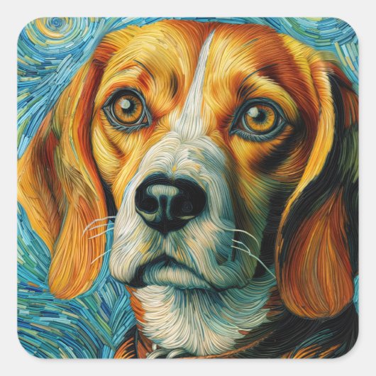 Beagle Van Gogh Stil Quadratischer Aufkleber (Vorderseite)