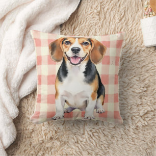 Beagle-Wasserfarbe-Gingham-Muster-Kunst Kissen