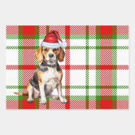 Beagle Weihnachten Hund Roter Feiertag Kariert Geschenkpapier Set