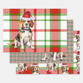 Beagle Weihnachten Hund Roter Feiertag Kariert Geschenkpapier Set