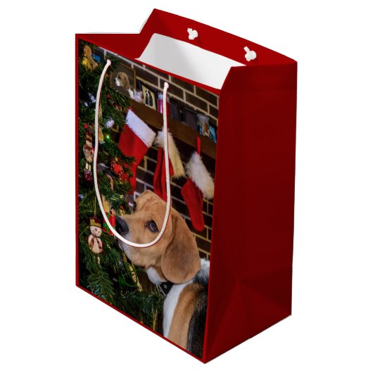 Beagle Weihnachten Mittlere Geschenktüte (Rückseite Schrägansicht)