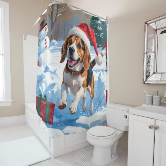 Beagle Weihnachten Weihnachtsfest Schneeszene Duschvorhang (Beispiel)