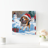 Beagle Weihnachten Weihnachtsfest Schneeszene Quadratische Wanduhr (Zuhause)
