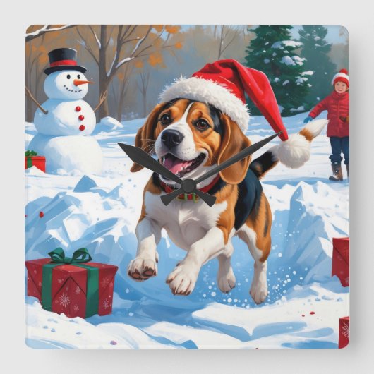 Beagle Weihnachten Weihnachtsfest Schneeszene Quadratische Wanduhr (Vorderseite)