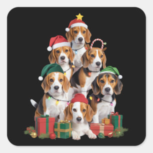Beagle Weihnachtsbaum mit Weihnachtsmannmütze Hund Quadratischer Aufkleber
