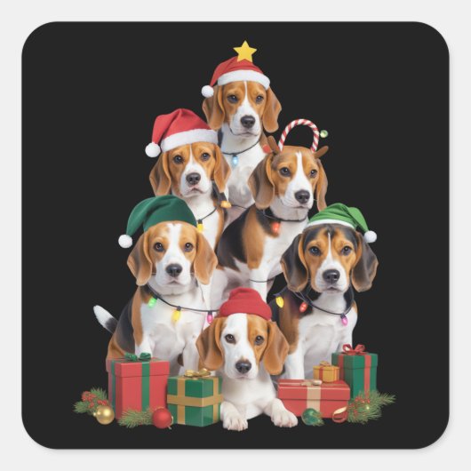 Beagle Weihnachtsbaum mit Weihnachtsmannmütze Hund Quadratischer Aufkleber (Vorderseite)