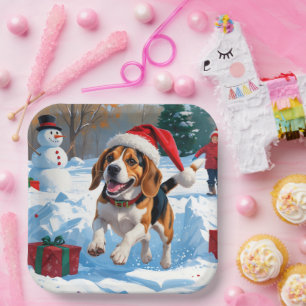 Beagle Weihnachtsfest Schnee Szene Pappteller