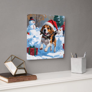 Beagle-Weihnachtsfest-Schneeszene Quadratische Wanduhr